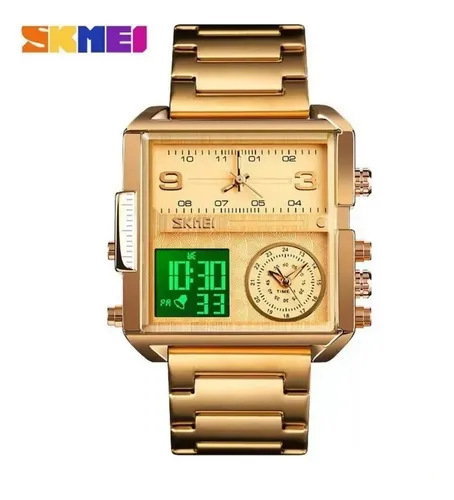 SKMEI 1584 Analog Digital 3 Time Sports Watch Men For-golden