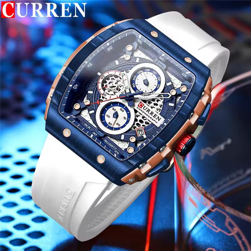 CURREN 8442 Multi-function Chronograph Men Watch Silicone Band Sports Quartz Watches- White