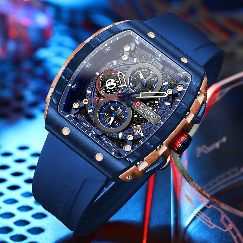 CURREN 8442 Multi-function Chronograph Men Watch Silicone Band Sports Quartz Watches-Rose Gold & Blue