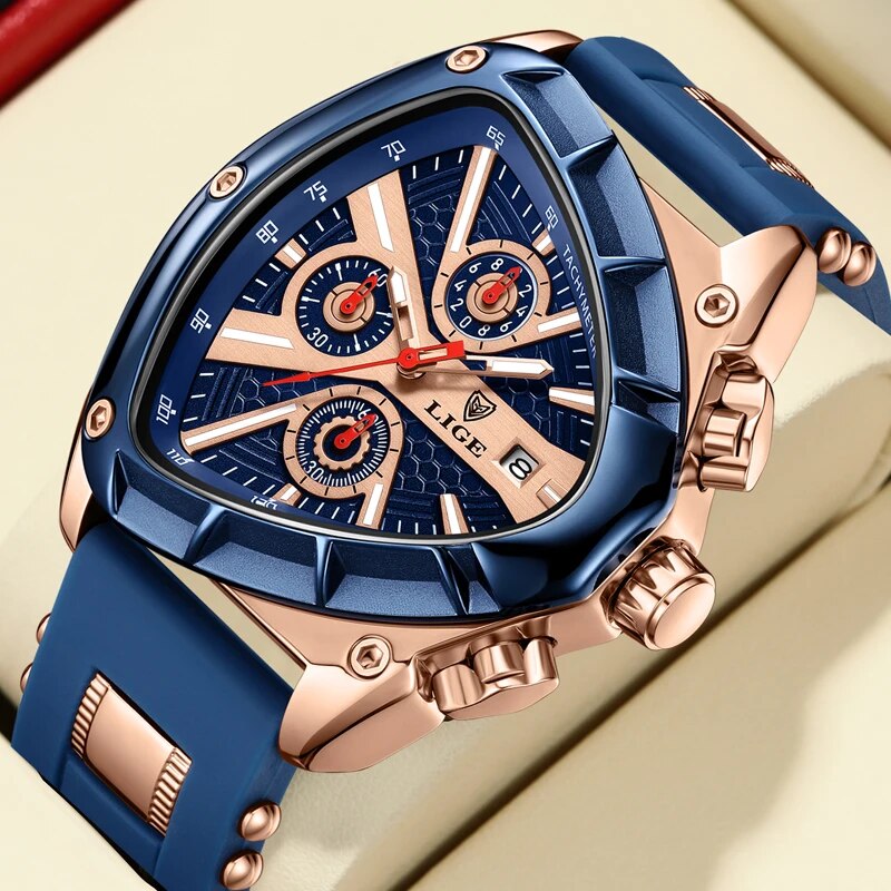 LIGE 89103 Blue Luxury Triangular Dial Chronograph Sports Silicone Wrist Watch for Men
