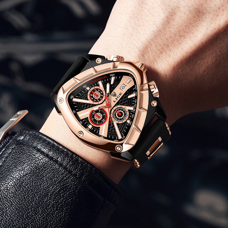 LIGE 89103 Luxury Triangular Dial Chronograph Sports Silicone Wrist Watch for Men
