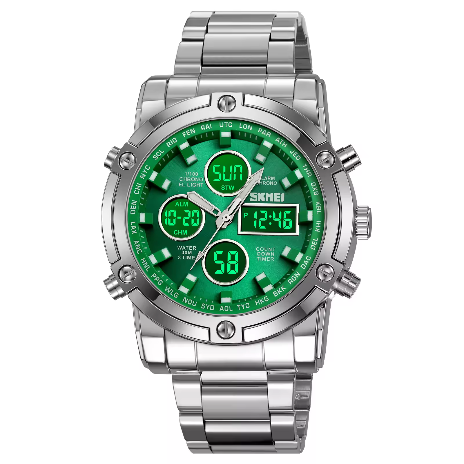 SKMEI 2556 Luxury Men’s Analog-Digital Dual Time Quartz Sport Watch 3ATM Stainless Steel Band Alloy Case Glass Dial 3ATM