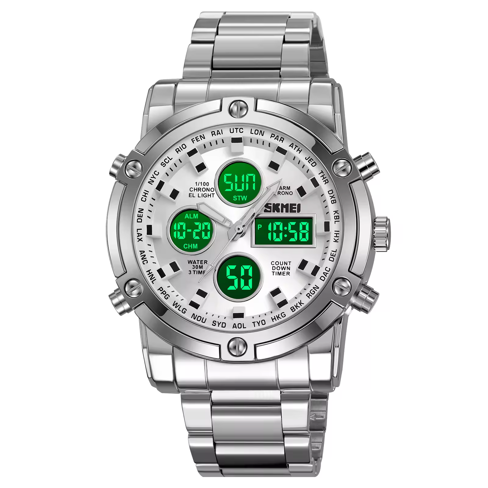 SKMEI 2556 Luxury Men’s Analog-Digital Dual Time Quartz Sport Watch 3ATM Stainless Steel Band Alloy Case Glass Dial 3ATM
