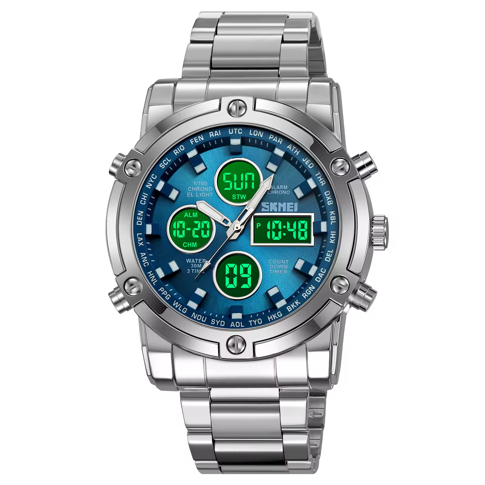 SKMEI 2556 Luxury Men’s Analog-Digital Dual Time Quartz Sport Watch 3ATM Stainless Steel Band Alloy Case Glass Dial 3ATM