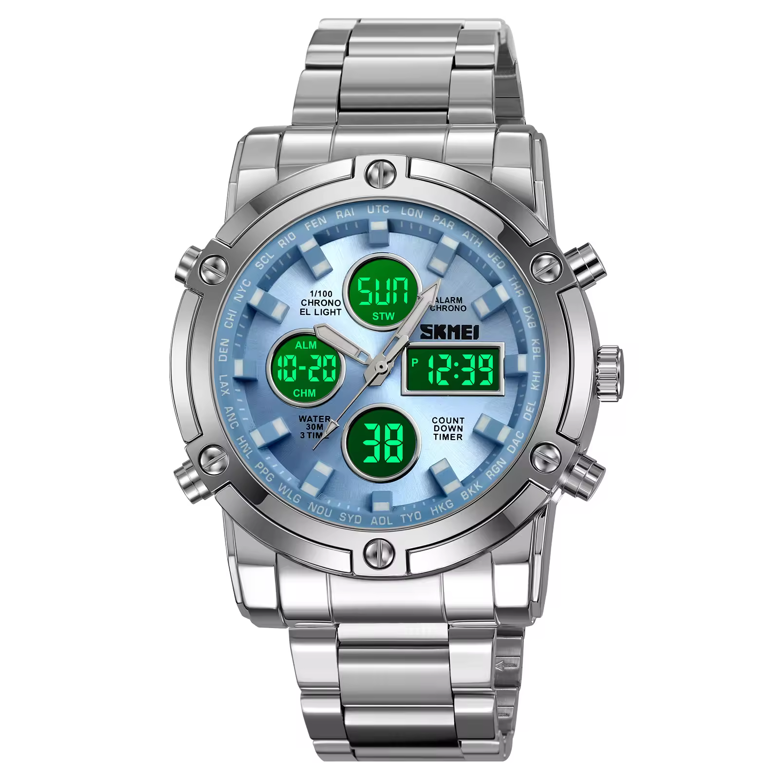 SKMEI 2556 Luxury Men’s Analog-Digital Dual Time Quartz Sport Watch 3ATM Stainless Steel Band Alloy Case Glass Dial 3ATM