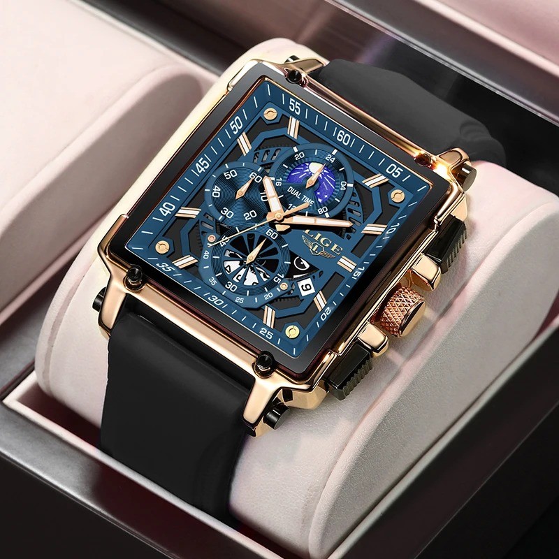 LIGE Mens Silicone Strap Waterproof Watches Top Brand Luxury Hollow Square Sport Watch