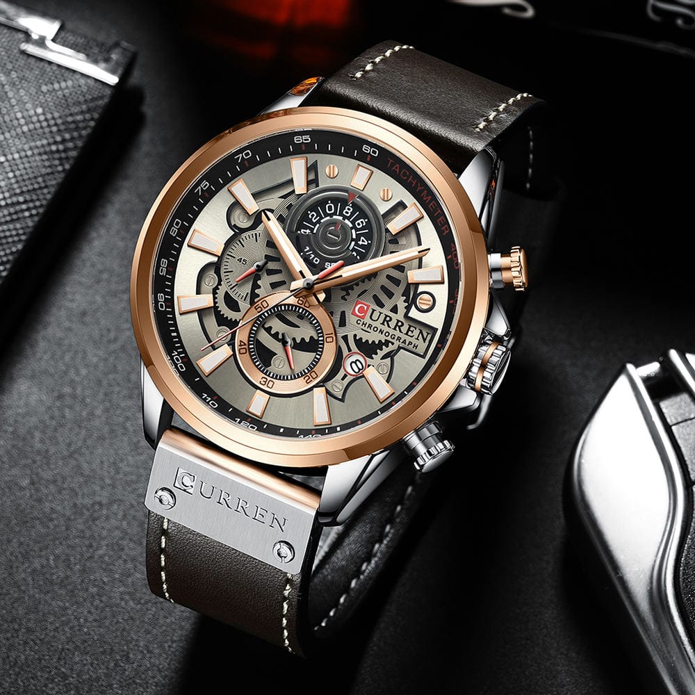 CURREN 8380 Top Brand Leather Strap Wristwatch Fashion Chronograph Mens Watch Men-Gray Silver