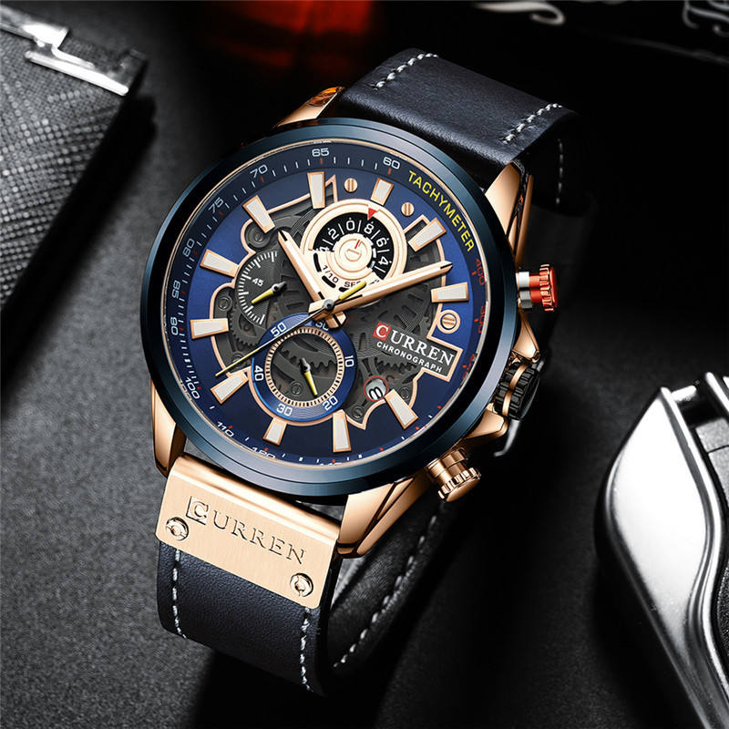 CURREN 8380 Top Brand Leather Strap Wristwatch Fashion Chronograph Mens Watch Men-Blue